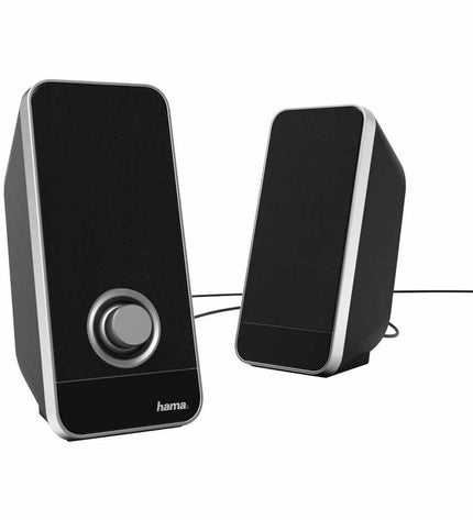 Hama black PC speakers with 6W and 4W audio output, compact electronic audio device with modern design.