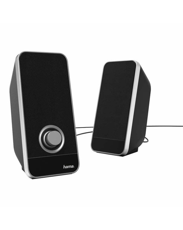 Hama black PC speakers with 6W and 4W audio output, compact electronic audio device with modern design.