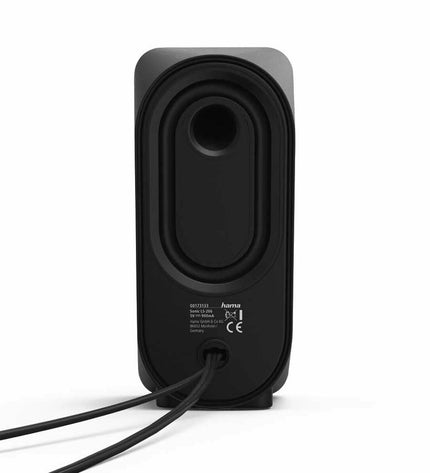 Hama PC speakers in black with 6W and 4W output, compact electronic audio and hi-fi equipment on a desk.