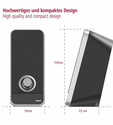 Black Hama PC speakers with 6W and 4W power output, compact electronic audio equipment for desktop computer sound.