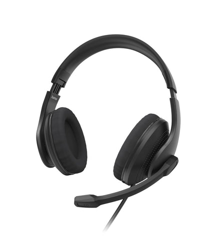 Black Hama gaming headset with microphone for plug-and-play consoles, featuring padded ear cups and adjustable headband.