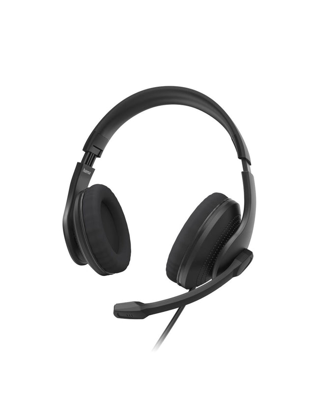 Black Hama gaming headset with microphone for plug-and-play consoles, featuring padded ear cups and adjustable headband.