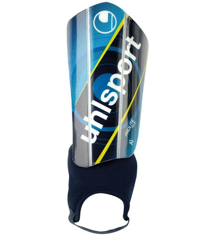 Uhlsport Pro Lite Plus football shin guards displayed with black padding and straps for sport and outdoor soccer protection.