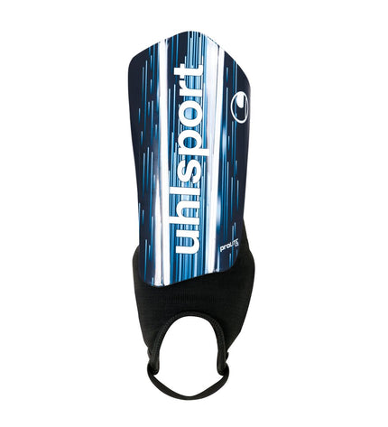 Uhlsport Pro Lite Plus football shin guards with black padding, adjustable straps, and logo on the exterior for sport and outdoor use.