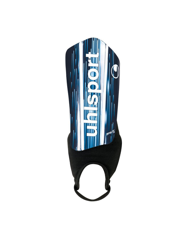 Uhlsport Pro Lite Plus football shin guards with black padding, adjustable straps, and logo on the exterior for sport and outdoor use.