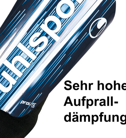 Uhlsport Pro Lite Plus football shin guards with black straps and padding, designed for sport and outdoor soccer protection.