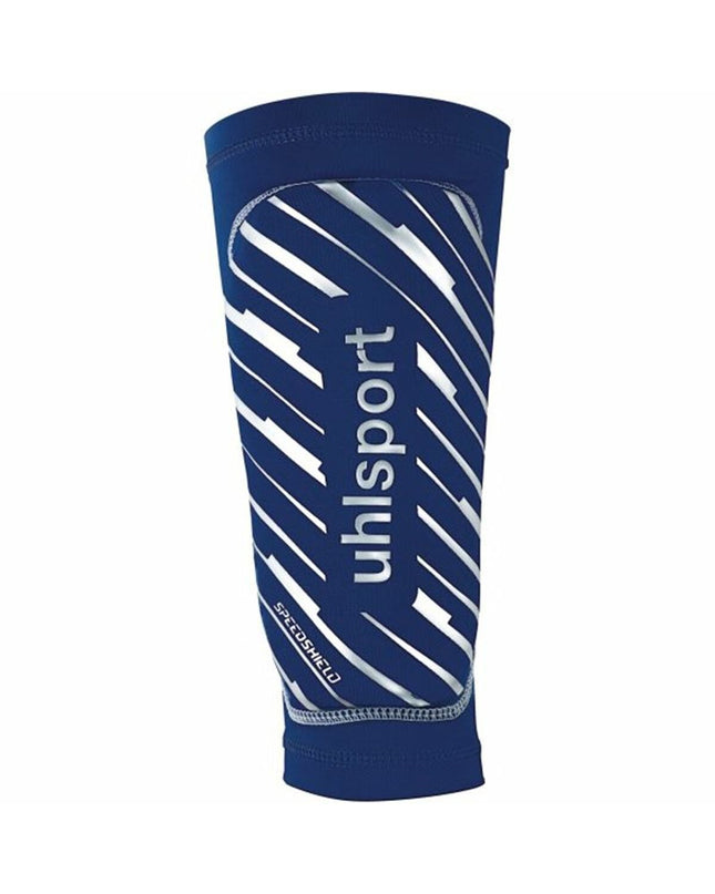 Blue Uhlsport Speedshield football shin guards designed for sport and outdoor soccer, with protective padding and adjustable straps.