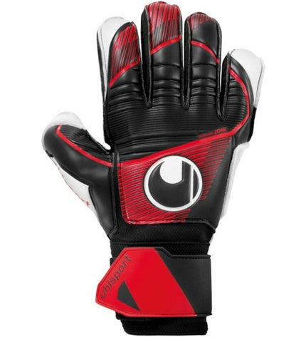 Black Uhlsport Powerline Soft Flex goalkeeper gloves for adults, designed for soccer, with padded palms and flexible wrist support.
