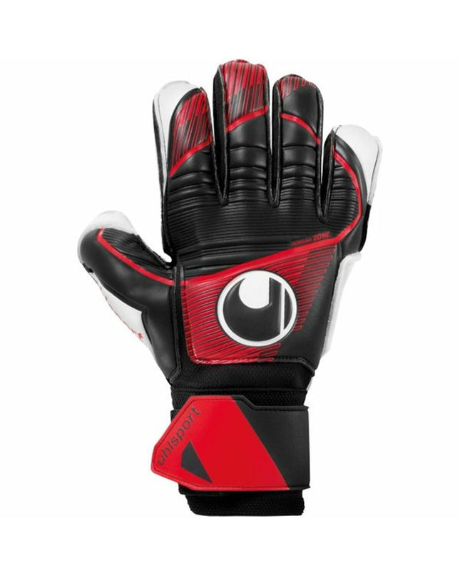 Black Uhlsport Powerline Soft Flex goalkeeper gloves for adults, designed for soccer, with padded palms and flexible wrist support.