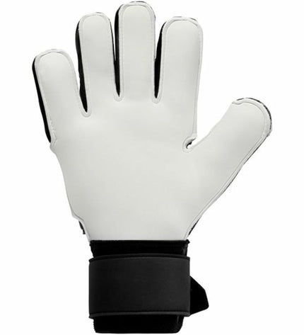 Black Uhlsport Powerline Soft Flex goalkeeper gloves for adults, designed for soccer and outdoor sports.