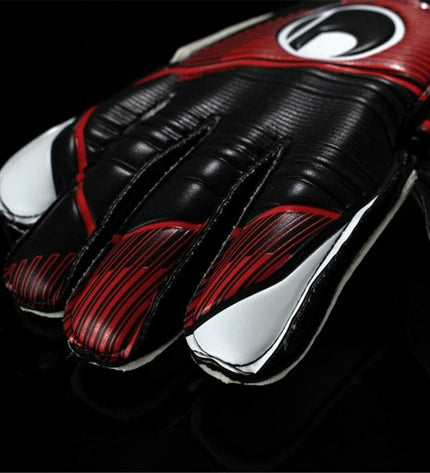 Black Uhlsport Powerline Soft Flex goalkeeper gloves for adults, designed for soccer with flexible, durable padding.