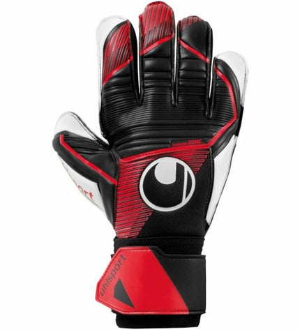 Black Uhlsport Powerline Soft Pro goalkeeper gloves for adults, designed for soccer, showing the textured palm and branding details.
