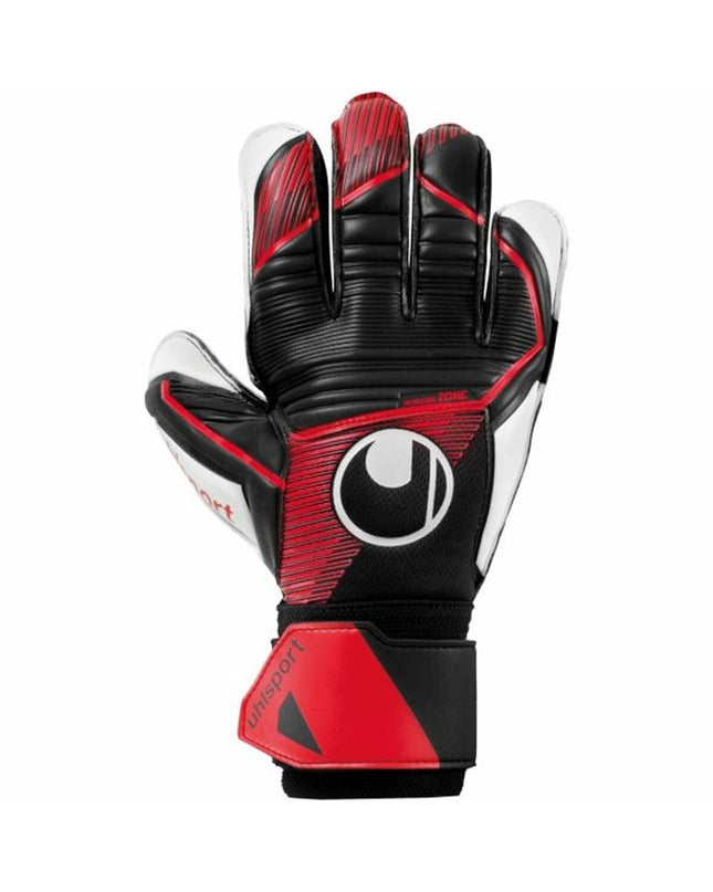 Black Uhlsport Powerline Soft Pro goalkeeper gloves for adults, designed for soccer, showing the textured palm and branding details.
