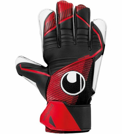 Black Uhlsport Powerline Starter Soft goalkeeper gloves for soccer, featuring padded palms and wrist support.