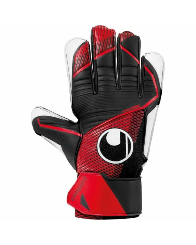 Black Uhlsport Powerline Starter Soft goalkeeper gloves for soccer, featuring padded palms and wrist support.