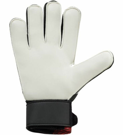 Black Uhlsport Powerline Starter Soft goalkeeper gloves for soccer, featuring padded palms and adjustable wrist straps.