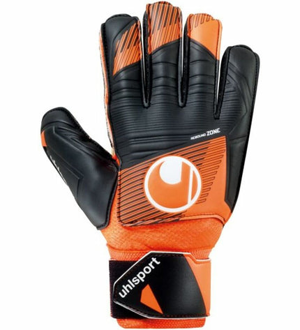 Black Uhlsport Keeperhandschoenen Soft Ressist+ Flex Frame for adults, designed for soccer goalkeeping, with flexible and protective features.