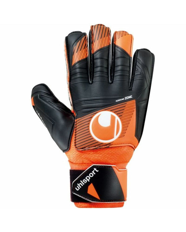 Black Uhlsport Keeperhandschoenen Soft Ressist+ Flex Frame for adults, designed for soccer goalkeeping, with flexible and protective features.