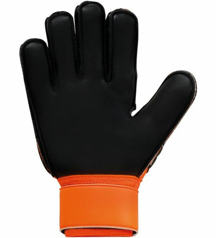 Uhlsport Keeperhandschoenen Soft Ressist+ Flex Frame in black, designed for adult soccer goalkeepers, with padded palms and flexible support.