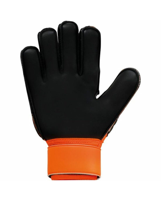 Uhlsport Keeperhandschoenen Soft Ressist+ Flex Frame in black, designed for adult soccer goalkeepers, with padded palms and flexible support.