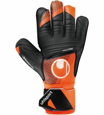 Uhlsport keeper gloves Soft Ressist+ in orange, adult size, designed for soccer goalkeeping and outdoor sports.