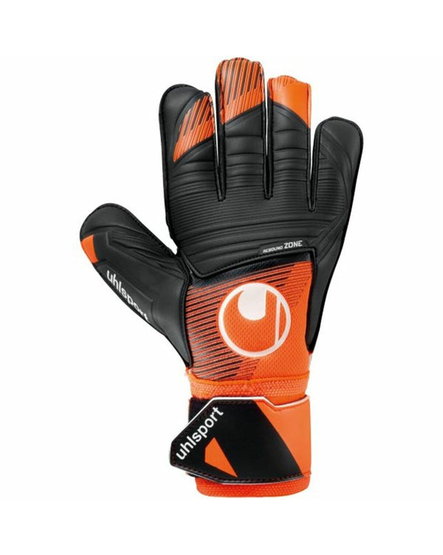 Uhlsport keeper gloves Soft Ressist+ in orange, adult size, designed for soccer goalkeeping and outdoor sports.