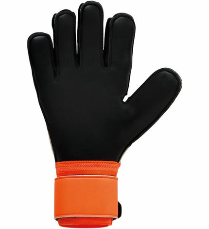 Orange Uhlsport Keeperhandschoenen for adults, designed for soccer goalkeeping, with soft resist material and padded palms.