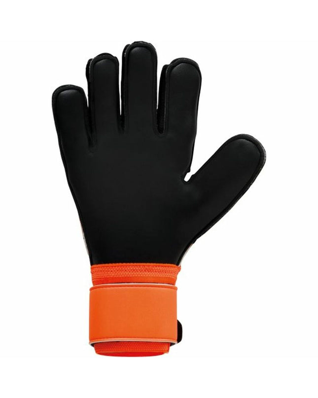 Orange Uhlsport Keeperhandschoenen for adults, designed for soccer goalkeeping, with soft resist material and padded palms.