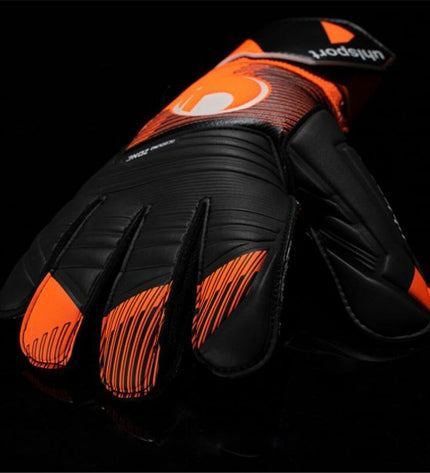 Uhlsport Keeperhandschoenen Soft Ressist+ in orange, adult football goalkeeper gloves with padded palms and adjustable wrist straps.