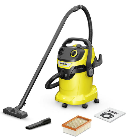 Kärcher WD5 1100W steel vacuum cleaner for home and cleaning tasks, showing the compact, durable design with a large capacity.