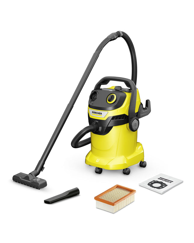 Kärcher WD5 1100W steel vacuum cleaner for home and cleaning tasks, showing the compact, durable design with a large capacity.