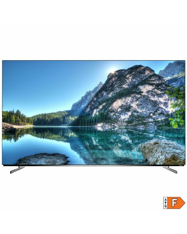 Metz 55MOC9010Y Full HD 55-inch OLED smart TV displaying a vivid screen with sleek black bezels.