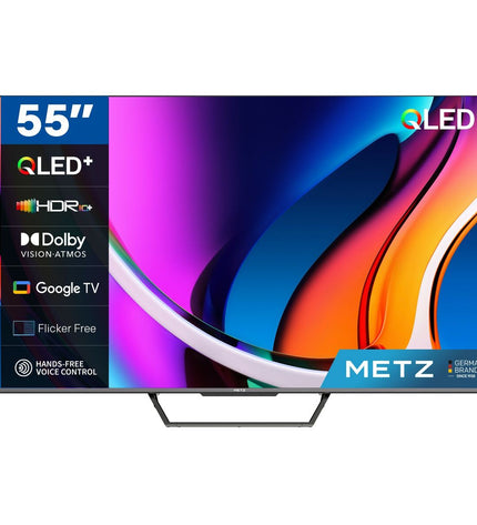 Metz 55MQD7500Z 55-inch 4K Ultra HD QLED Smart TV displaying vibrant home entertainment visuals.