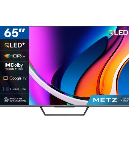 Metz 65MQD7500Z 4K Ultra HD QLED Smart TV displaying vibrant images on a modern living room setup.