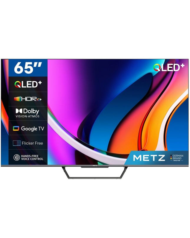 Metz 65MQD7500Z 4K Ultra HD QLED Smart TV displaying vibrant images on a modern living room setup.