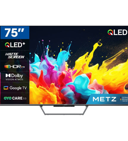 Metz 75MQE7600Z 4K Ultra HD QLED Smart TV displaying vibrant, high-resolution home entertainment screen.