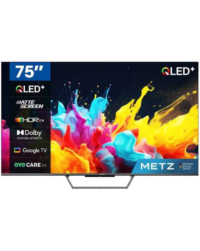 Metz 75MQE7600Z 4K Ultra HD QLED Smart TV displaying vibrant, high-resolution home entertainment screen.