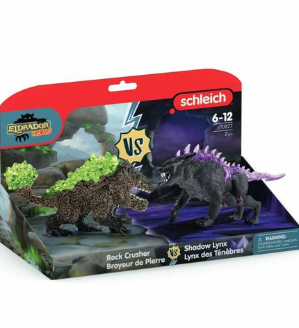 Schleich Dark Lynx and Stone Crusher action figure duo from speelgoed en games collection, detailed toy figures for play and display.