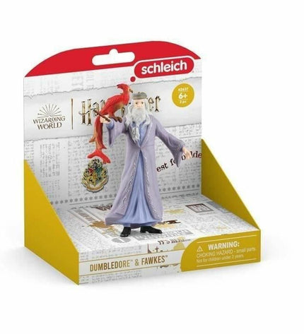 Schleich Albus Dumbledore and Fawkes action figures from Harry Potter, detailed toy figures with Dumbledore in robes and Fawkes the phoenix.