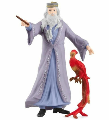 Schleich Albus Dumbledore and Fawkes action figures from Harry Potter, detailed wizard character and phoenix toy set.