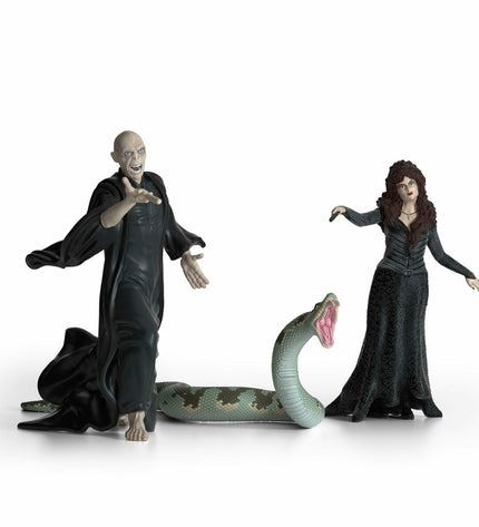 Schleich Voldemort, Nagini, and Bellatrix action figures from Harry Potter series, detailed collectible toy set.