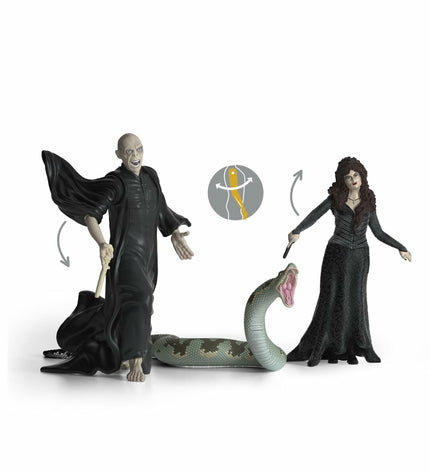 Schleich Voldemort, Nagini and Bellatrix action figures from Harry Potter series, detailed plastic toy figures for play.