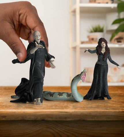 Schleich Voldemort, Nagini, and Bellatrix action figures from Harry Potter, detailed toy collectibles for fans and playtime.