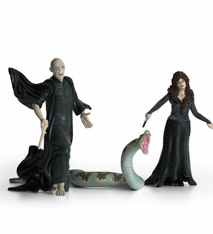 Schleich Voldemort, Nagini, and Bellatrix action figures from the Harry Potter series, detailed toy figures for play and collection.