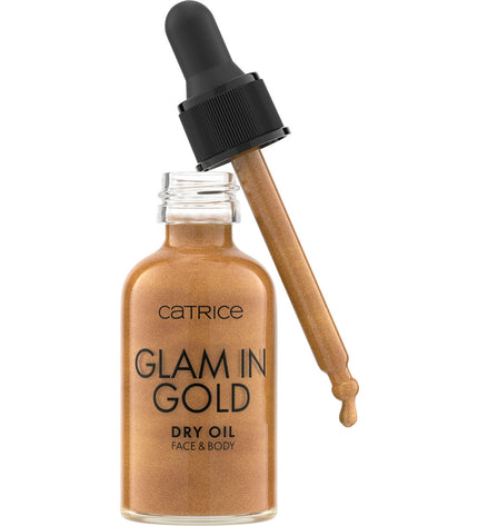 Catrice GLAM IN GOLD dietary supplement bottle, 30 ml, health and personal care vitamin and mineral supplement.