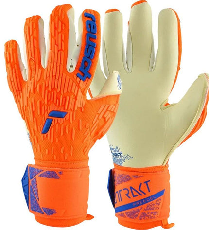 Reusch Attrakt Gold X goalkeeper gloves in dark orange for adults, designed for soccer and outdoor sports.