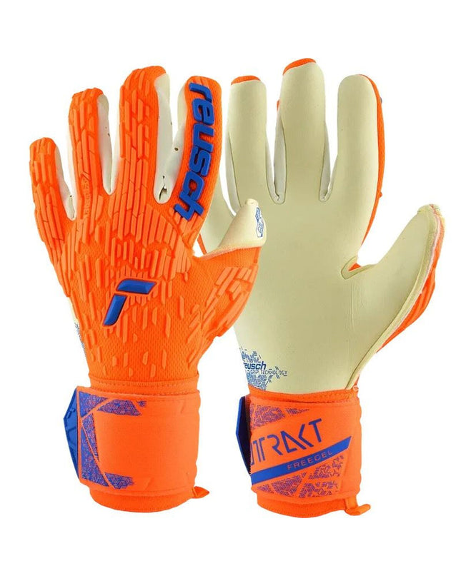Reusch Attrakt Gold X goalkeeper gloves in dark orange for adults, designed for soccer and outdoor sports.