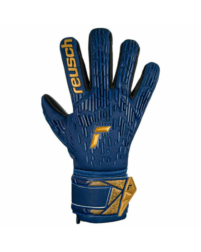 Reusch Attrakt Freegel blue goalkeeper gloves for adults, designed for soccer and outdoor sports with flexible grip and protection.