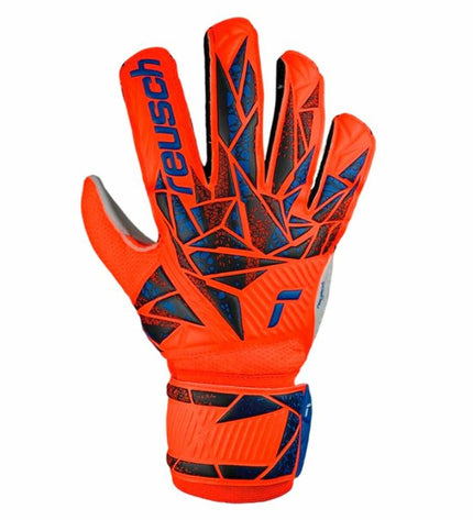 Reusch Attrakt Solid orange goalkeeper gloves for adults, designed for soccer and outdoor sports, with padded palm and secure fit.