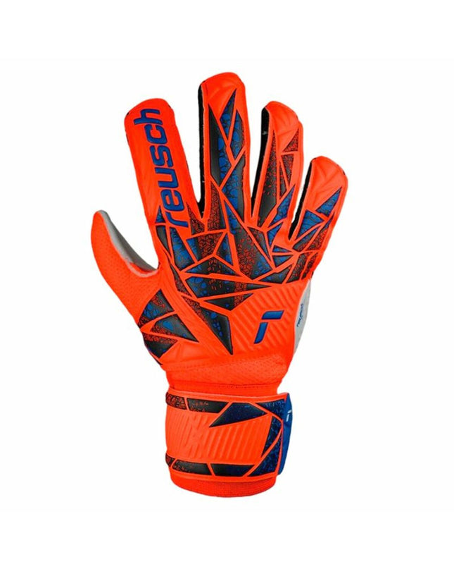 Reusch Attrakt Solid orange goalkeeper gloves for adults, designed for soccer and outdoor sports, with padded palm and secure fit.